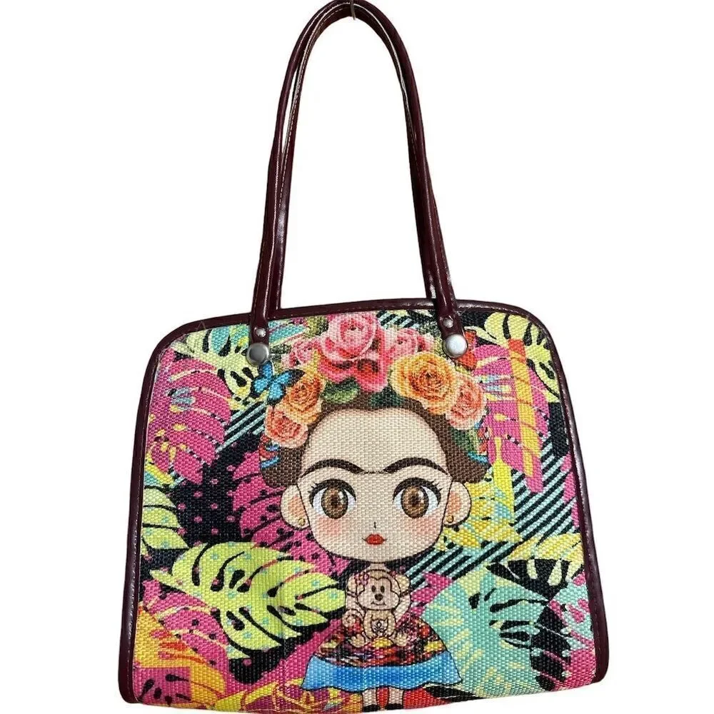 Frida Kahlo Tropical Floral Design Faux Leather Straps Zip Closure